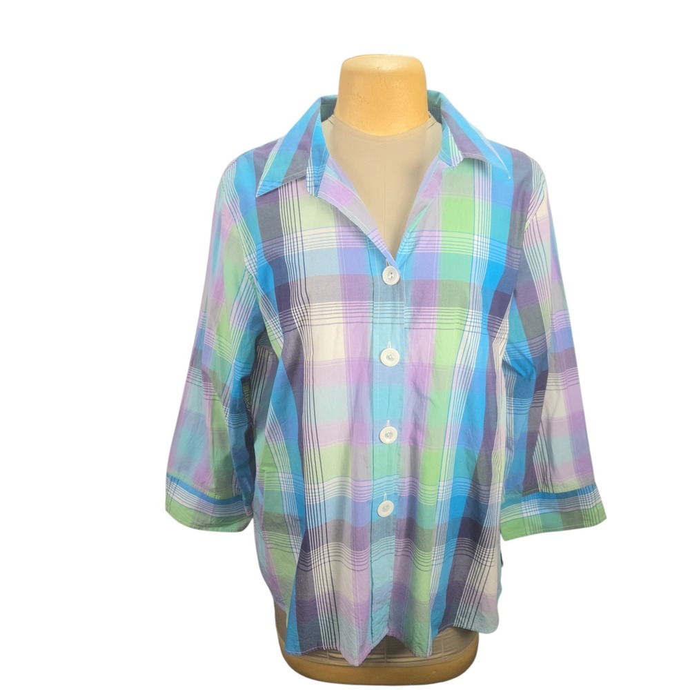 Foxcroft Plaid Button Down Shirt Womens 20W Blue Green Purple Cotton Shaped Fit‎